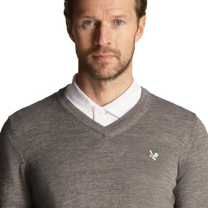 Lyle & Scott Heath Flower Embroidered Merino Blend V Neck Knit - Mid Grey Marl